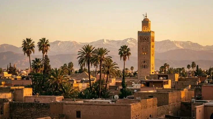 El minarete de la Kutubía en Marrakech con el Atlas al fondo